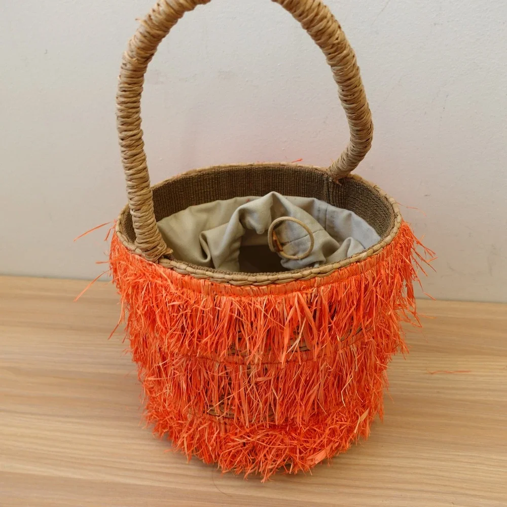 Orange Fringe‎ Straw Bucket Bag Natural Tan Basket Tote Summer Beach Boho KAYU